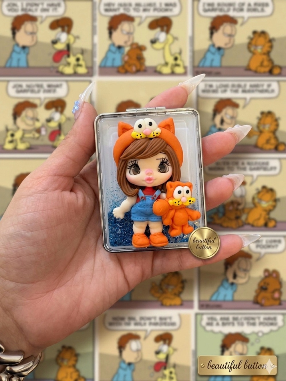 Custom Orange Cat Clay Girl Figurine mirror
